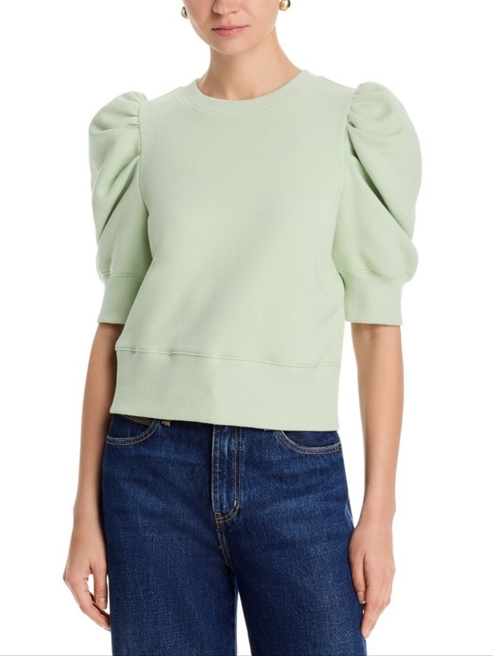 Alice and Olivia Tyler Puffed Sleeve Sweatshirt Light Sage Medium New